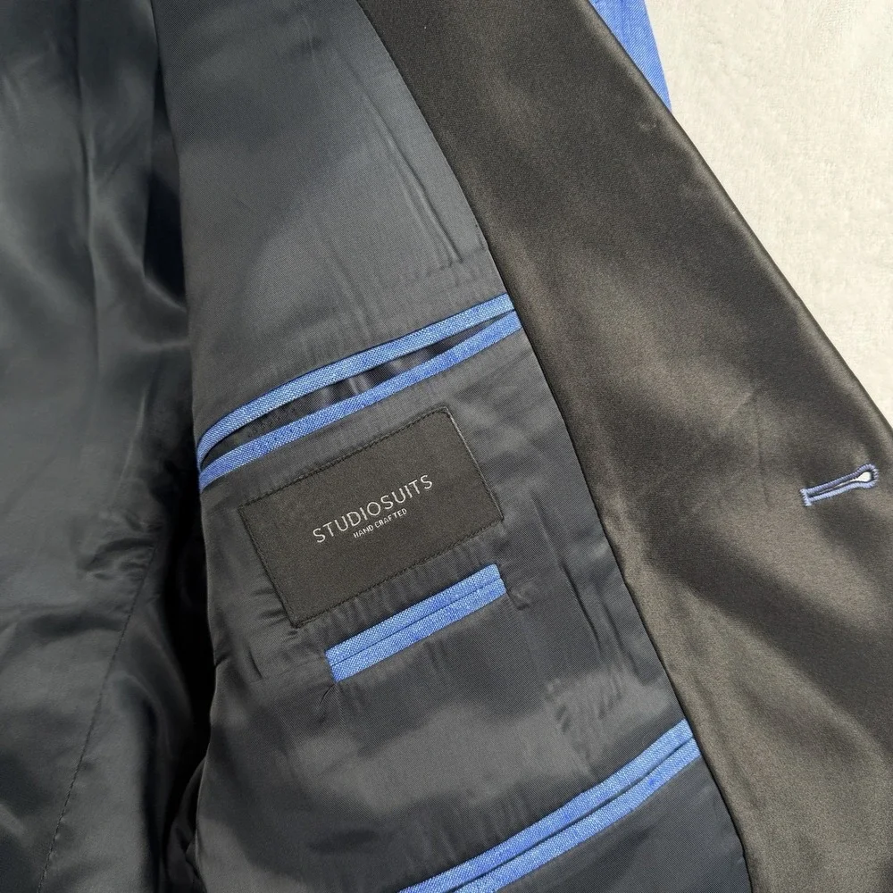 StudioSuits BESPOKE 3 Piece Tuxedo Linen Suit 44L 34x31 Vest Satin Stripe Shawl